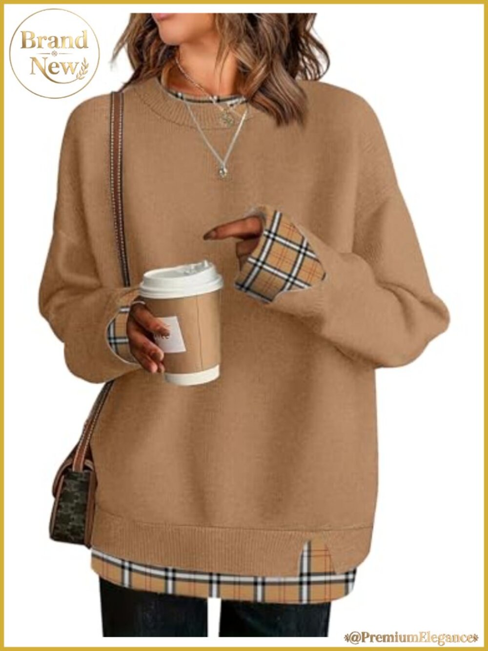 Oversized Patchwork Sweater for Women Crew Neck Long Sleeve Fall Winter Pullover